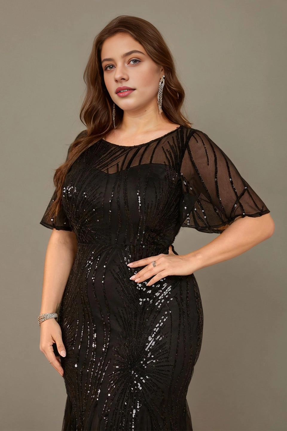 Mermaid Floor Round-Neck Flutter-Sleeve Zip-Back Maxi plus size Mother Of Bride Dress