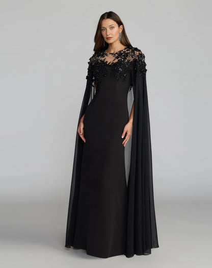 roselledress black lace cape sleeve mermaid mother of the bride dresses front view illusion neck floor length formal evening gown