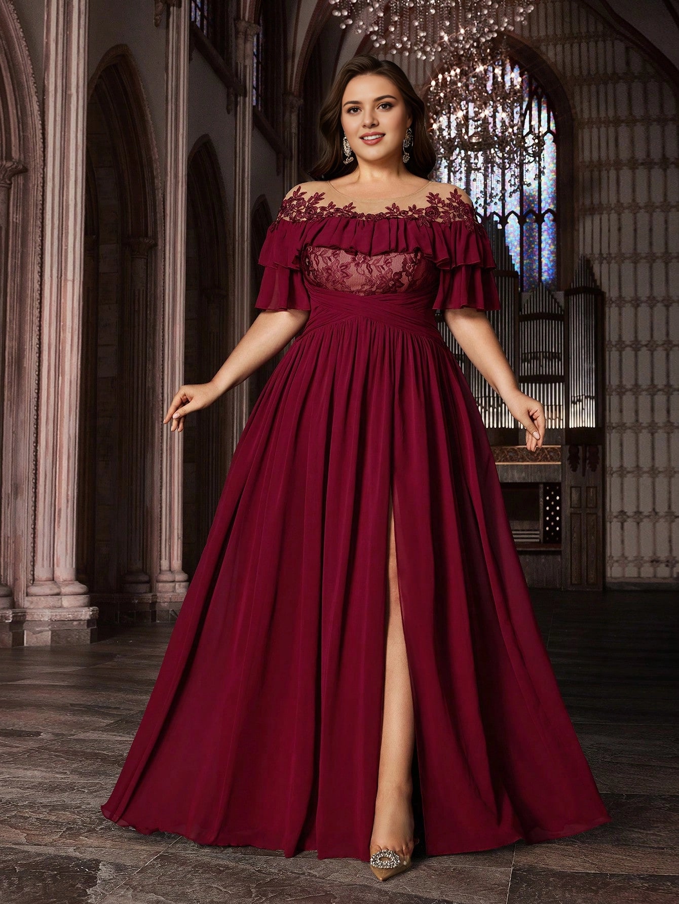 Roselledress burgundy plus size prom dress off shoulder lace ruffle short sleeve chiffon mother of bride gown
