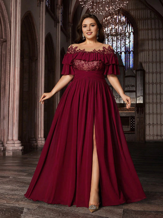 Roselledress burgundy plus size prom dress off shoulder lace ruffle short sleeve chiffon mother of bride gown