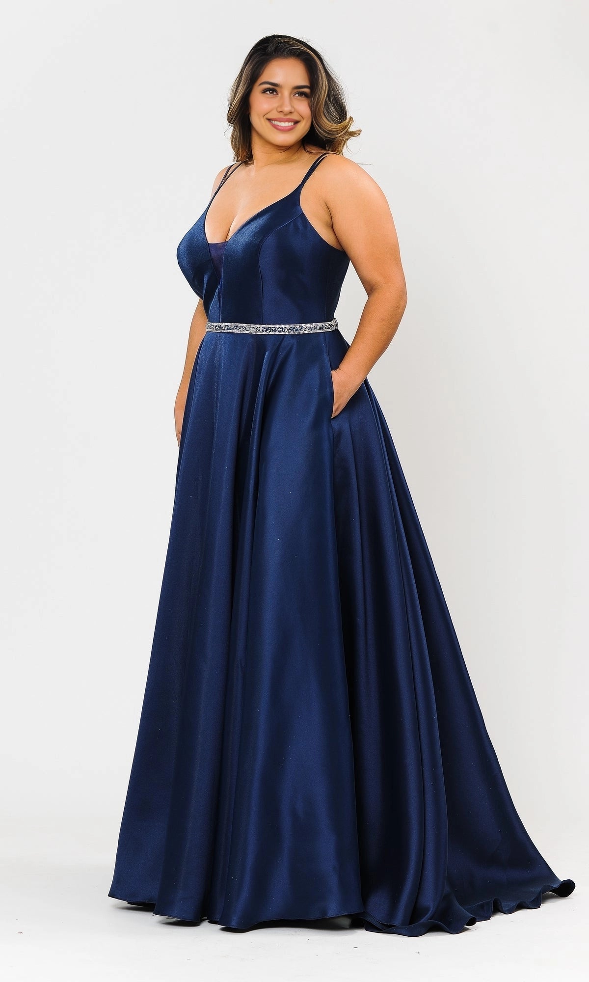 dress navy plus size a-line v neck satin prom gown spaghetti strap rhinestone belt with pockets for curvy women