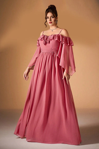 Plus Size Rose gold A Line Off Shoulder Flare Sleeve Plain Back Long Prom Dress
