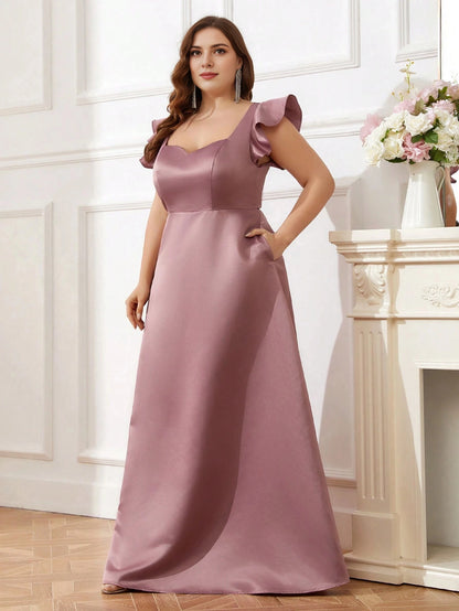Black Plus‑Size A‑Line Sweetheart Ruffle‑Sleeve Zipper‑Back Floor‑Length Prom Dress