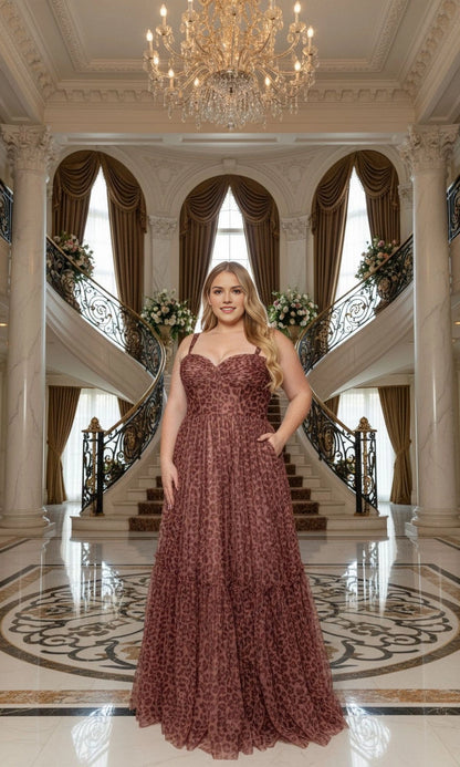 Glamorous A-Line Sweetheart Spaghetti Strap Corset Back Floor‑Length Plus Size Leopard Print Prom Dress