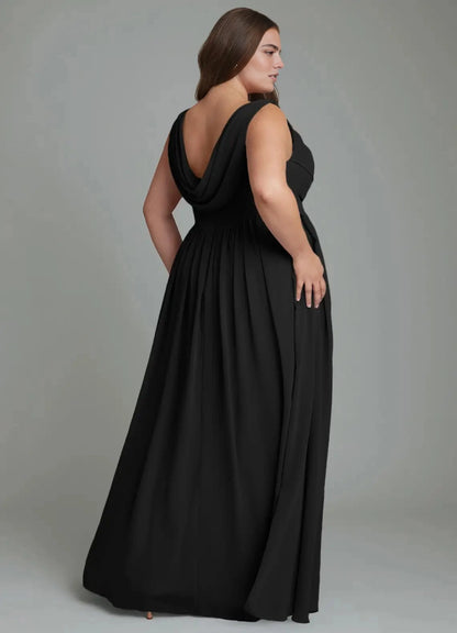 Roselledress Elegant A-Line Cowl Neck Sleeveless Draped Back Maxi Plus Size Bridesmaid Dress