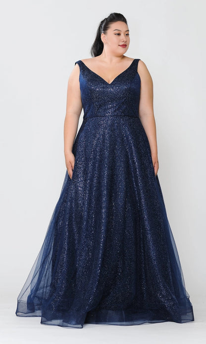Glitter A-Line V-Neck Sleeveless Lace-Up Back Floor Length Plus Size Tulle Prom Dress