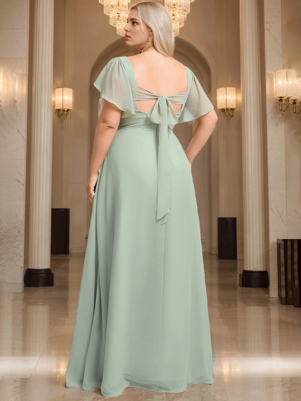 Back view of RoselleDress mint green curvy chiffon formal dress square cutout self tie bow back short sleeve maxi bridesmaid dress