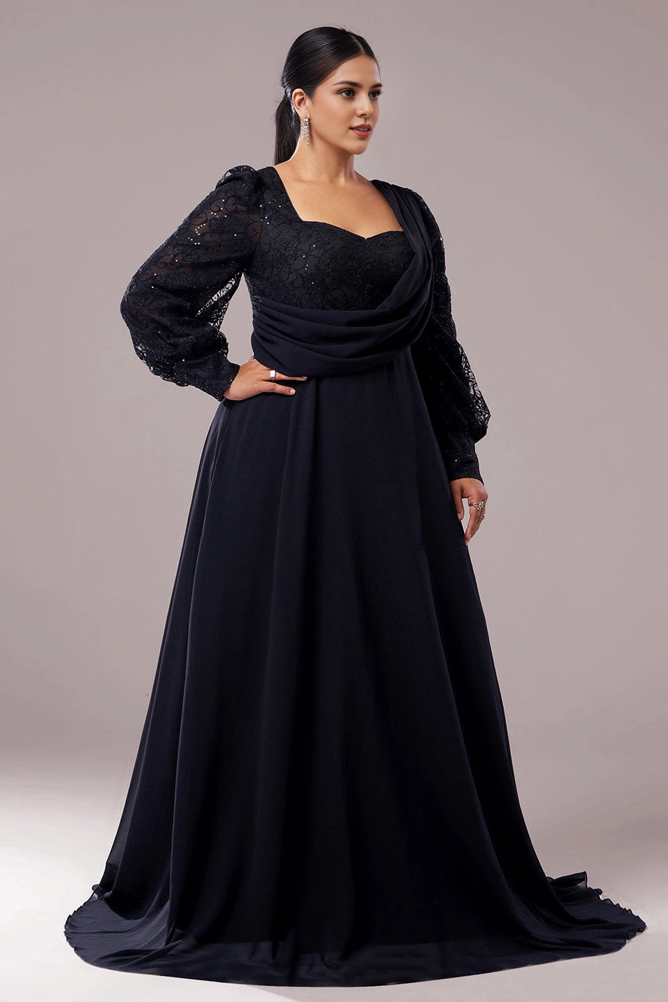 Plus Size Black A‑Line Draped‑Neck Lace‑Long‑Sleeve Round‑Back Train‑Length Prom Dress