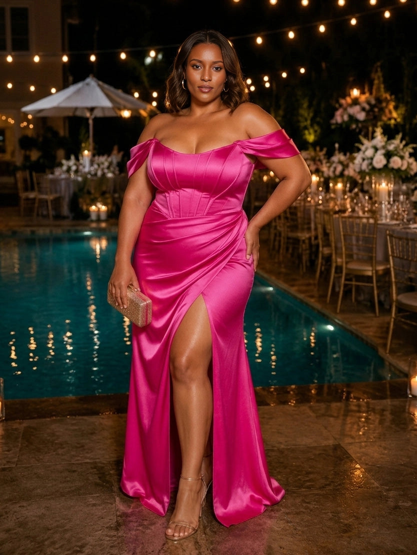 roselledress fuchsia satin off‑the‑shoulder corset slit plus‑size mermaid prom dress front view