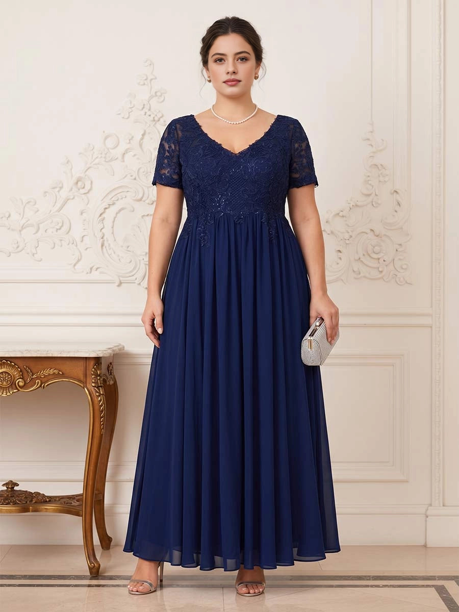 Roselledress navy lace chiffon plus size mother gown front v neck beaded short sleeve wedding formal maxi dress front view