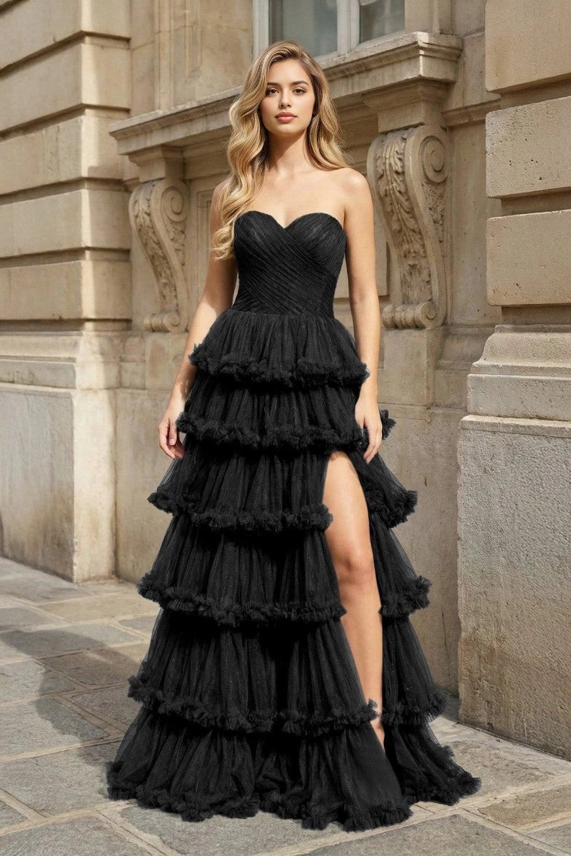 Roselledress Tiered A-Line Sweetheart Strapless Corset Lace-Up Back Ruffle Tulle Plus Size Prom Dress