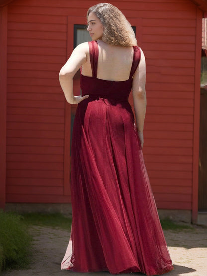 roselledress curvy burgundy tulle bridesmaid dress square low open back invisible zipper flowy maxi gown countryside wedding party dress