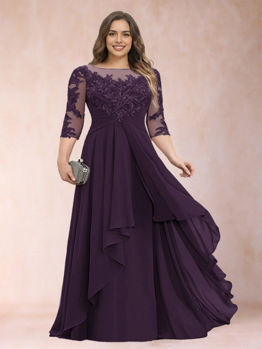 Dark Grey A Line Illusion Round Neck 3/4 Sleeve Sheer Lace Back Floor Length Plus Size Mother Of The Bride Dress