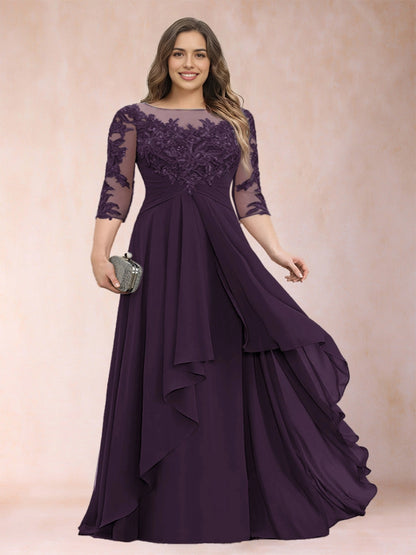 Dark Grey A Line Illusion Round Neck 3/4 Sleeve Sheer Lace Back Floor Length Plus Size Mother Of The Bride Dress