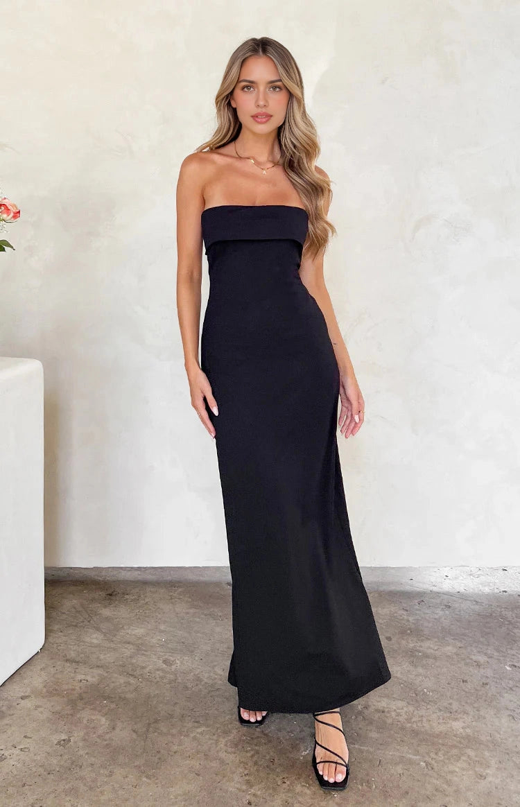 RoselleDress black knit sheath evening dress strapless folded tube concrete wall shot