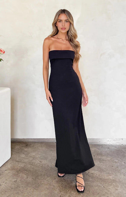 RoselleDress black knit sheath evening dress strapless folded tube concrete wall shot