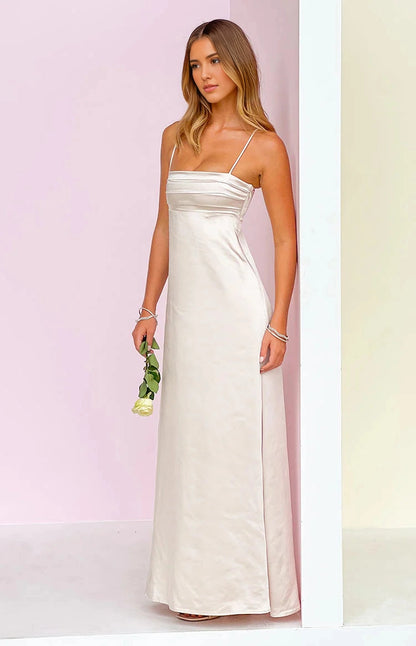 RoselleDress ivory satin a line bridesmaid dress square neck spaghetti straps front pleats white studio shot

