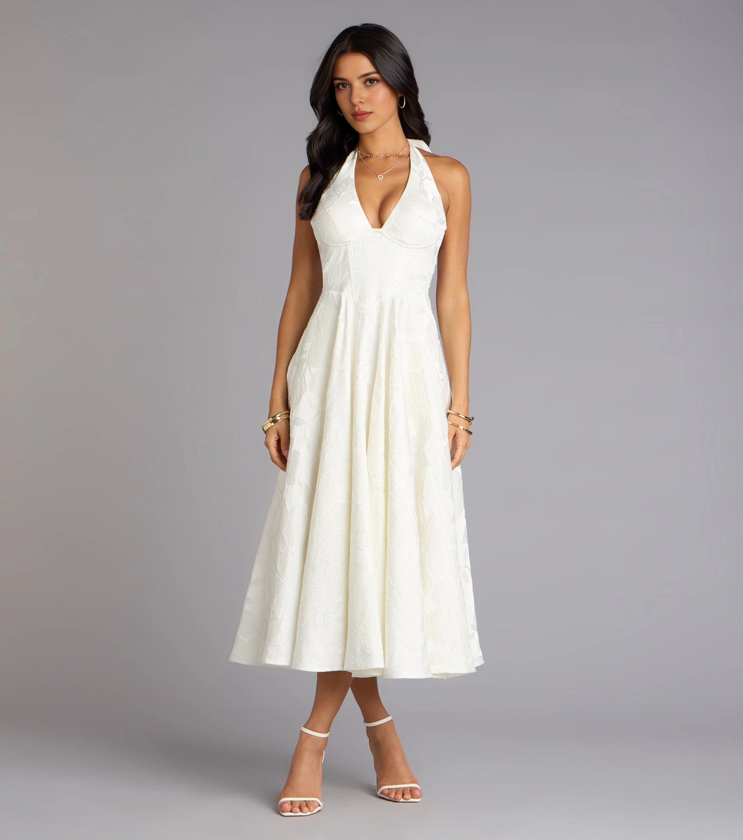 Roselledress Soft A-Line Halter V Neck Lace-Up-Back Midi Tea Length Plus Size Prom Dress