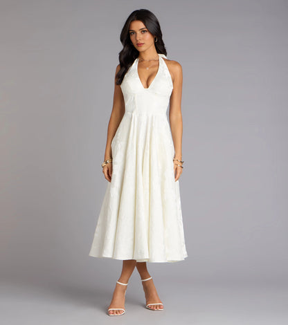 Roselledress Soft A-Line Halter V Neck Lace-Up-Back Midi Tea Length Plus Size Prom Dress