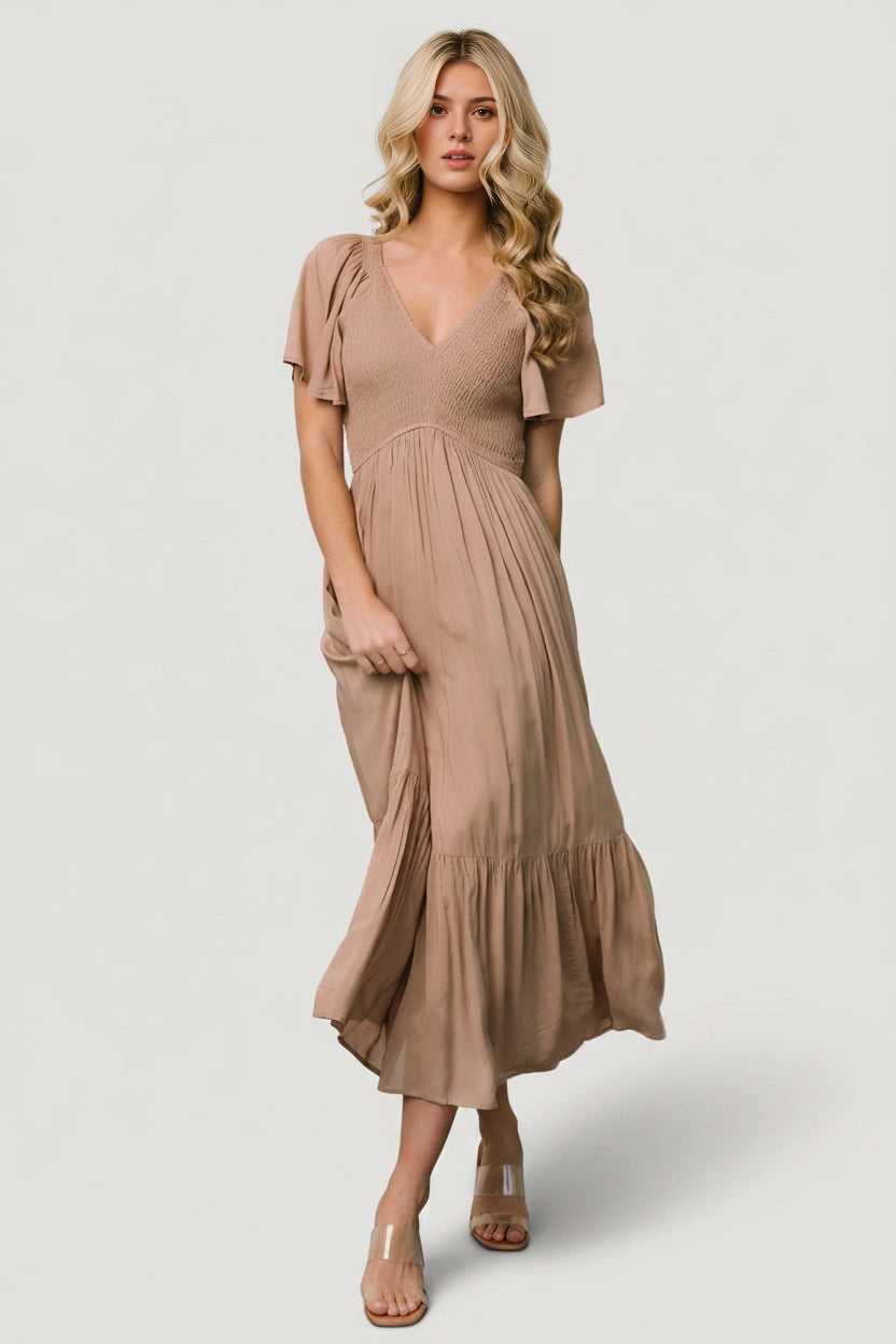Soft A-Line V-Neck Flutter-Sleeve Smocked-Back Midi Mother Of Bride Dress