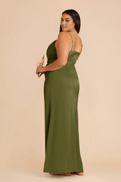 Elegant Satin Sheath Cowl Neck Spaghetti Strap Zipper Back Floor Length Plus Size Bridesmaid Dress