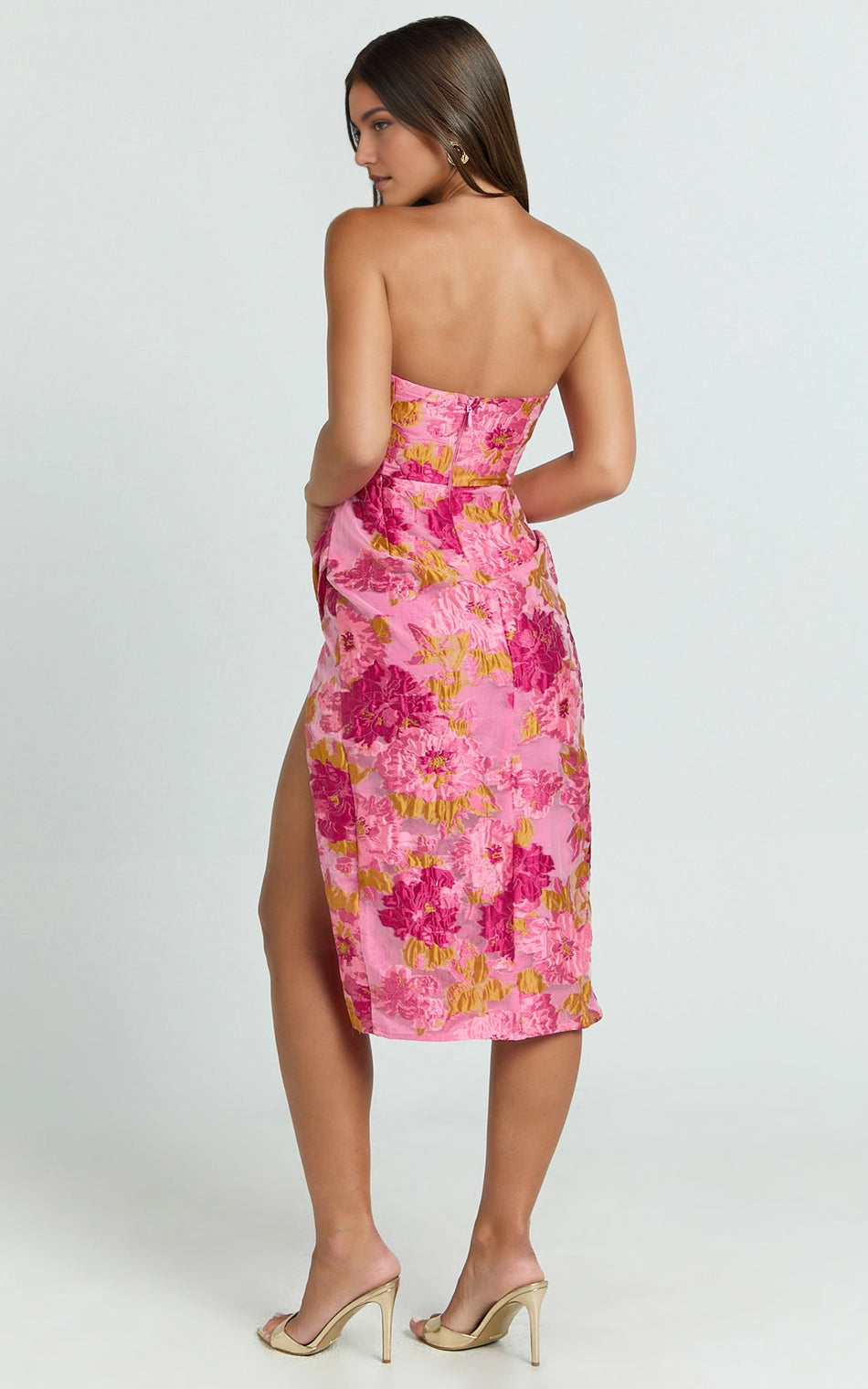 Bodycon Strapless Straight Neck Back Zipper Floral Ruched Side Slit Plus Size Midi Wedding Guest Dress