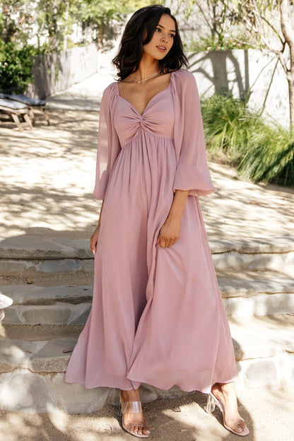 Flowy Midi V-Neck Twist Long Sleeve Smocked-Back Mother Of Bride Dress