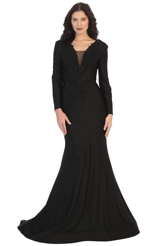roselledress black lace beaded long sleeve deep v mermaid evening gown front view formal party dress