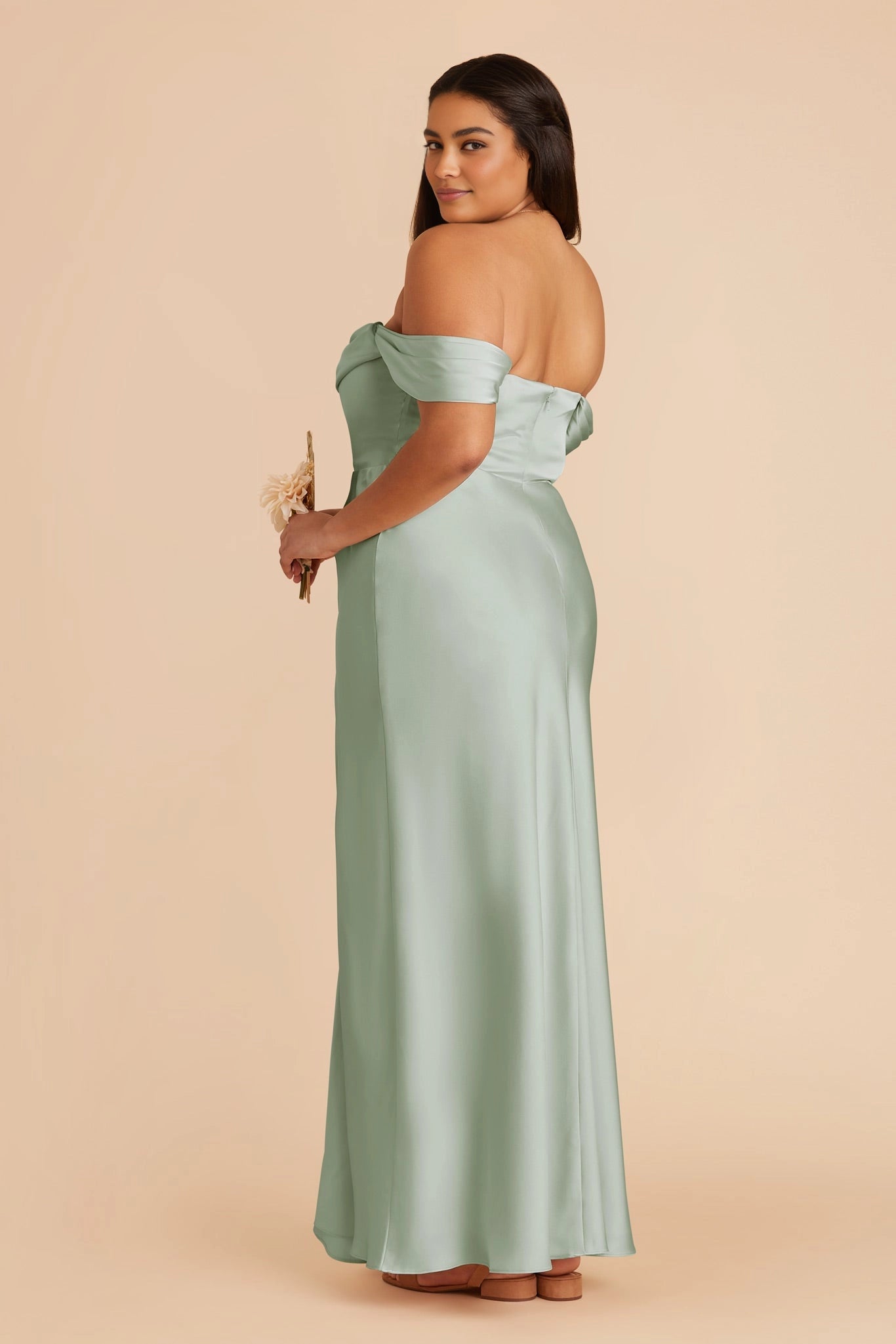 Open back plus size sage green satin off‑shoulder bridesmaid dress side back view roselledress