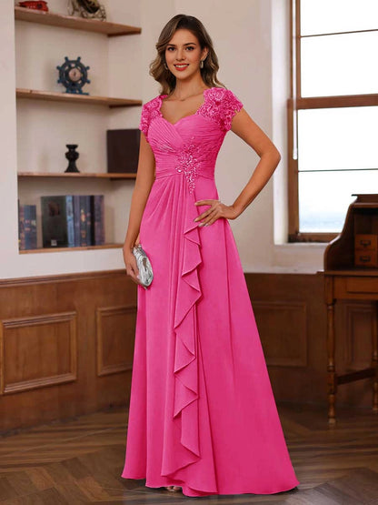 Romantic A Line Sweetheart Cap Sleeve V Back Long Mother Of Bride Dress