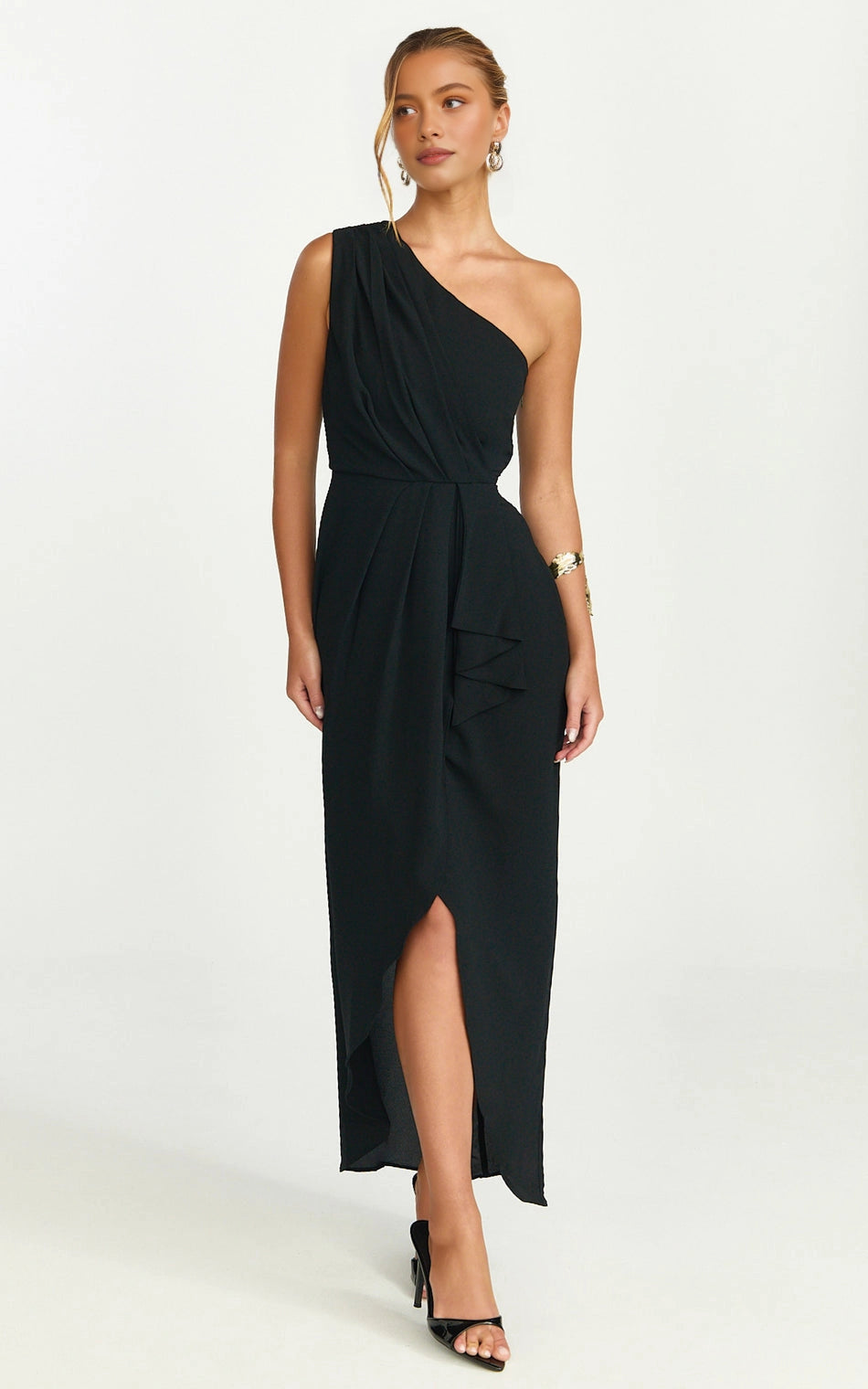 Elegant Wrap One Shoulder Plain Back Ruched Side Slit Plus Size Maxi Formal Wedding Guest Dress