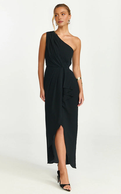 Elegant Wrap One Shoulder Plain Back Ruched Side Slit Plus Size Maxi Formal Wedding Guest Dress