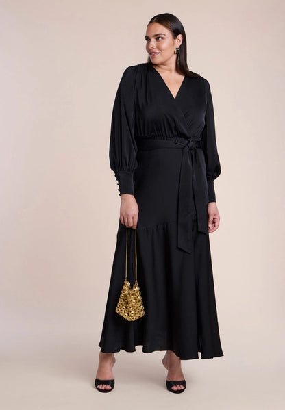 Roselledress Ruffle-Hem Long-Sleeve Satin Midi Plus Size Wedding Guest Dress
