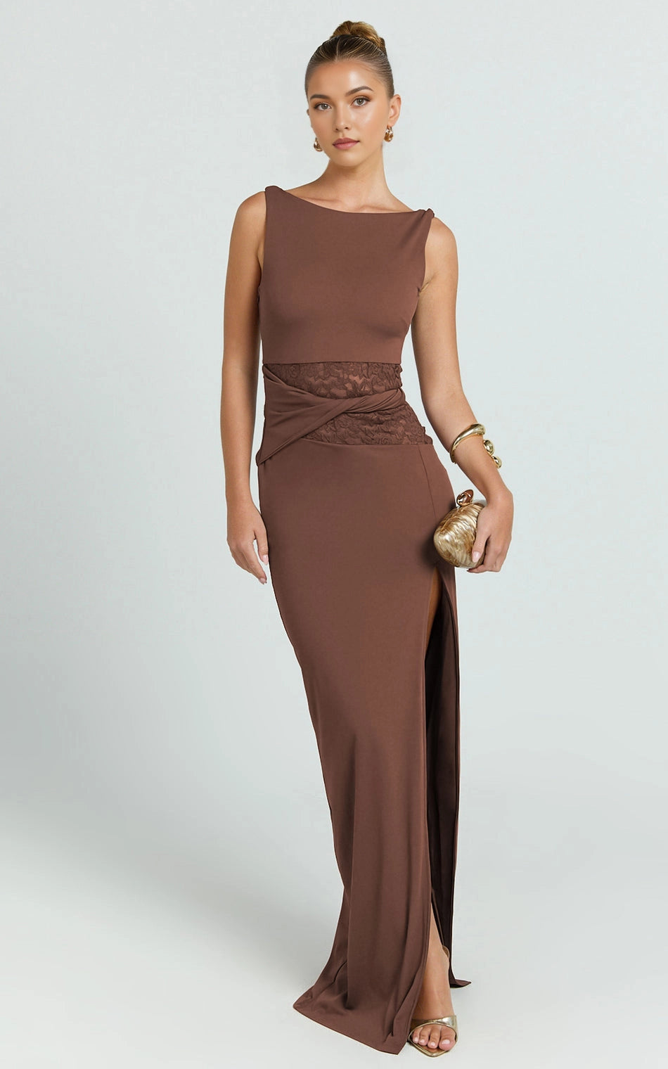 Scoop Back Lace Waist Cutout High Slit Bodycon Plus Size Wedding Guest Dress