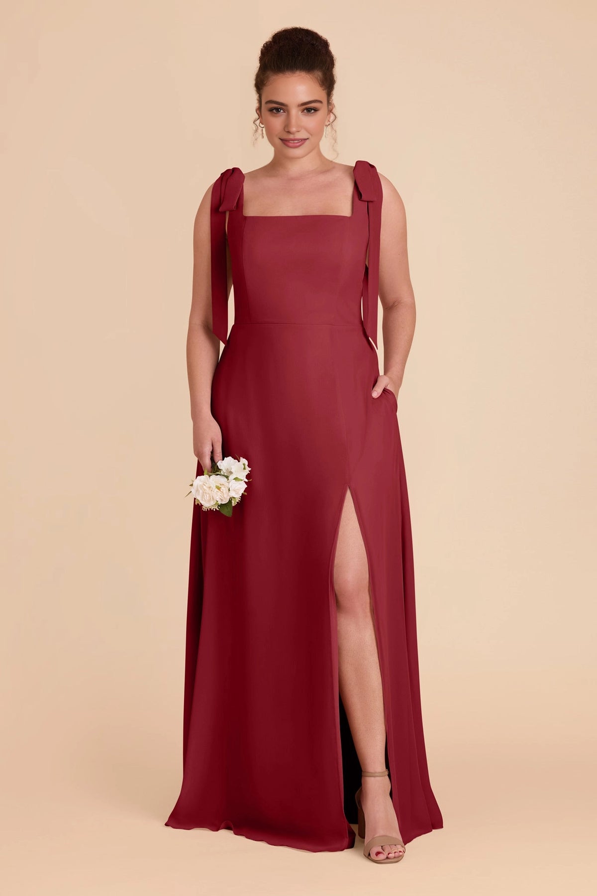 Flowy Chiffon A‑Line Square Neck Tie‑Strap Square‑Back Slit Maxi Plus Size Bridesmaid Dress