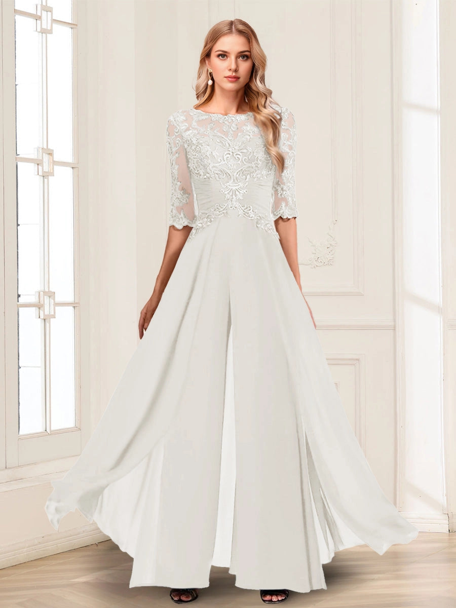 Luxury Jumpsuit Boat Neck 3/4 Sleeve Illusion Back Long Mother Of Bride Dress