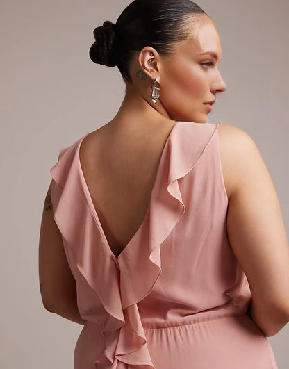 V‑Neck Ruffled Chiffon Sleeveless Empire Waist Ruffle‑Trim Maxi Plus Size Wedding Guest Dress