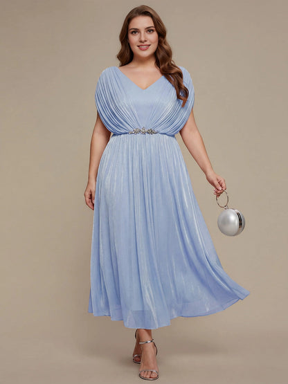 Roselledress dusty blue shimmer pleated plus size bridesmaid midi dress crystal waist front view