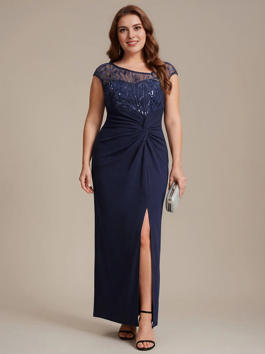 roselledress navy sequin embroidery plus size wedding guest dress bateau cap sleeve twist slit maxi gown
