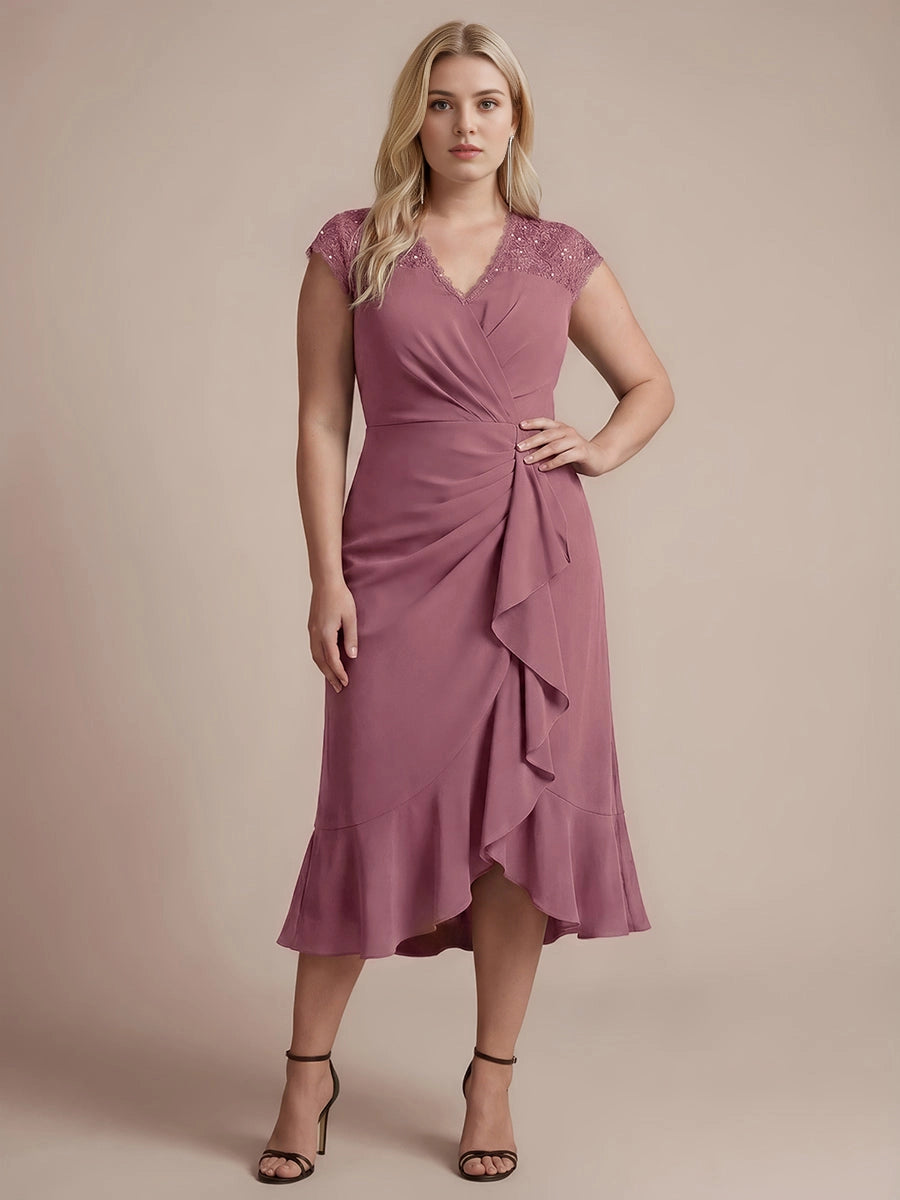 Roselledress dusty mauve sequin lace cap sleeve wrap ruched plus size midi dress front view