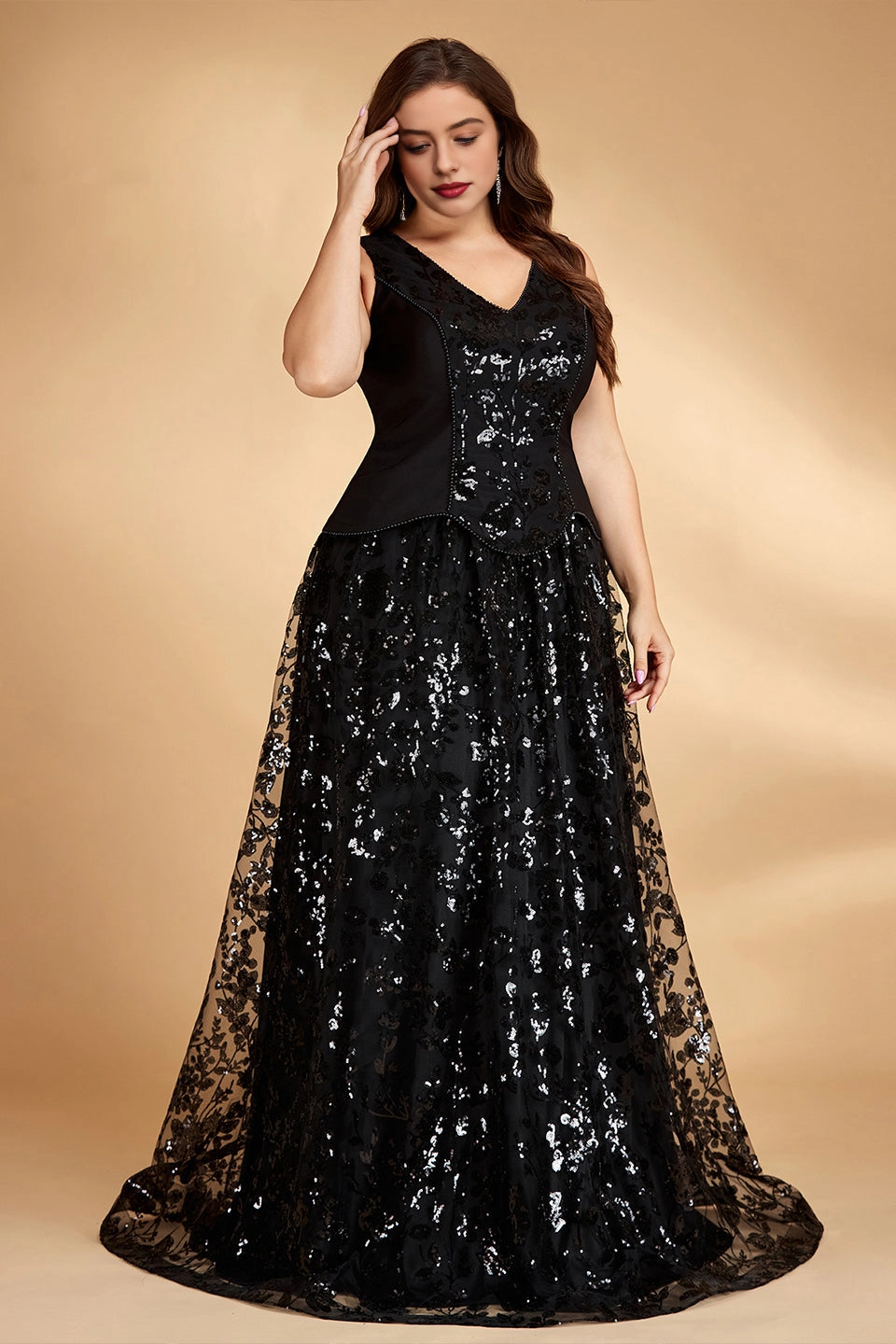 Full A-Line V-Neck Sleeveless Round-Back Floor-Length Plus Size Mother Of Bride Dress
