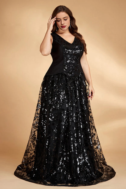 Full A-Line V-Neck Sleeveless Round-Back Floor-Length Plus Size Mother Of Bride Dress