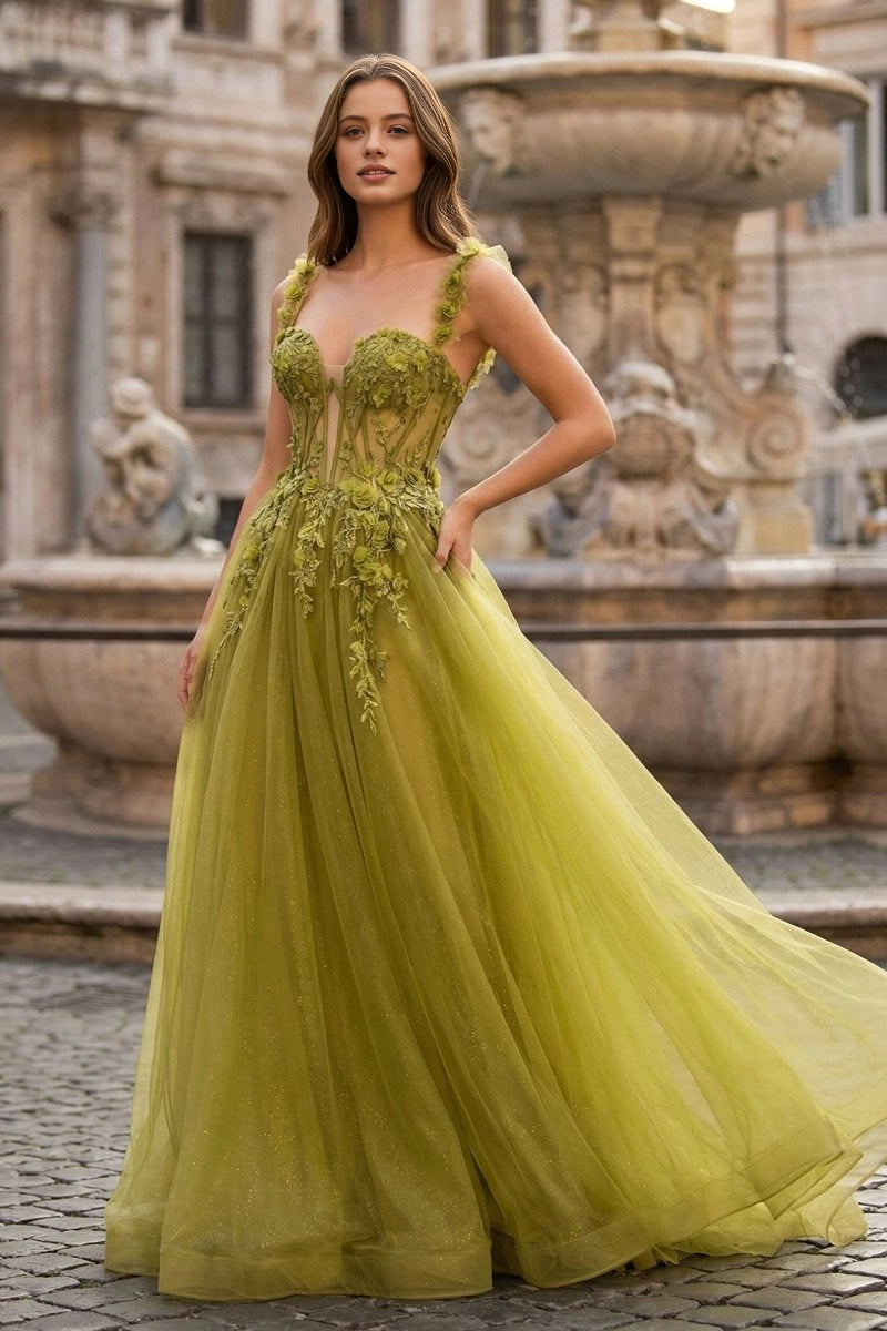 Roselledress olive green 3D floral spaghetti strap illusion corset glitter tulle prom dress front shot