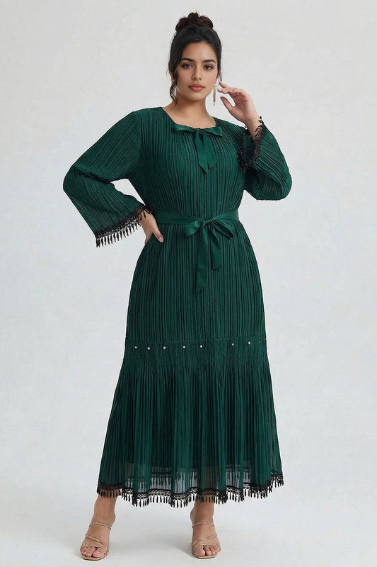 roselledress emerald green plus size pleated maxi dress tie waist tassel trim flare sleeve wedding guest gown for curvy women