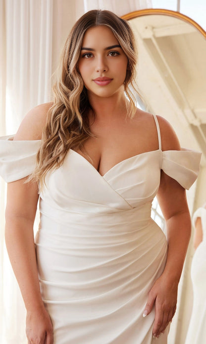 White Plus Size Mermaid Off Shoulder Solid Back Long Prom Dress