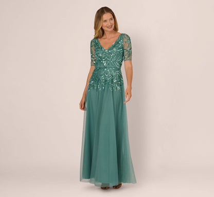 roselledress teal sequin beaded v neck a line mother of the bride dresses front view elbow sleeve tulle formal wedding gown