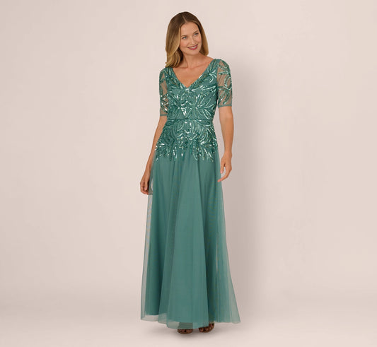 roselledress teal sequin beaded v neck a line mother of the bride dresses front view elbow sleeve tulle formal wedding gown