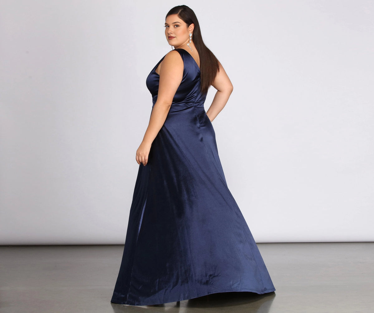 Navy satin plus size long dress back view, bateau neck, center back zipper, sleeveless and flowing A-line skirt
