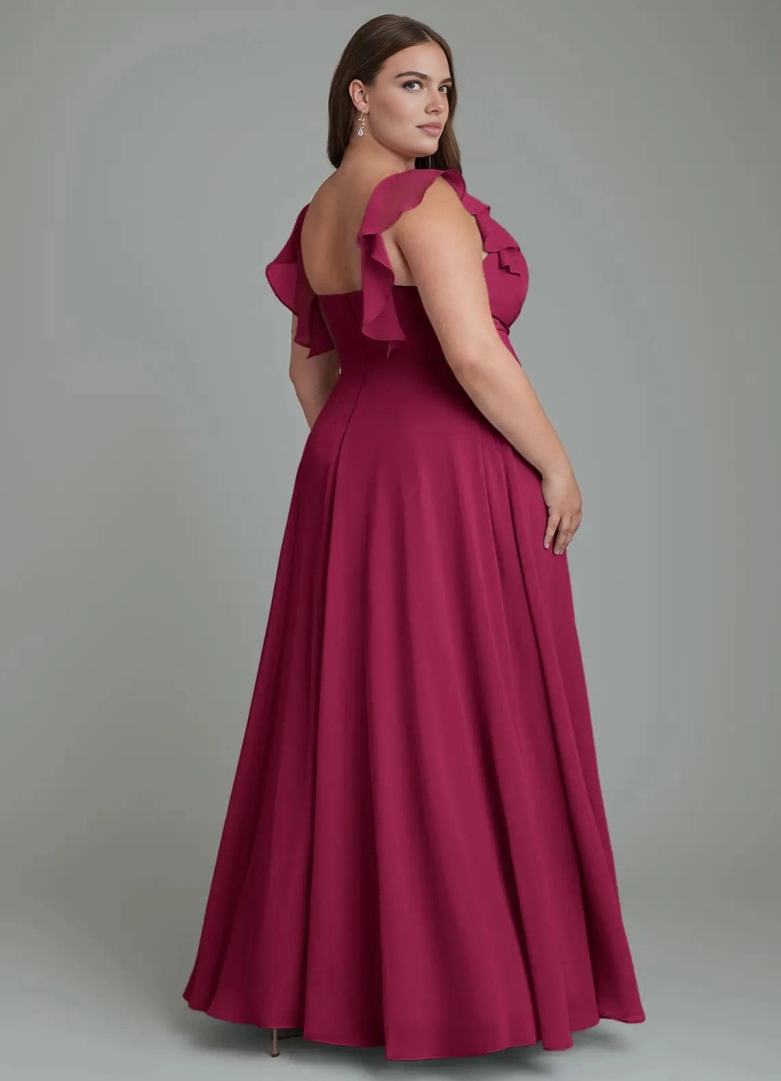 Roselle Dress plus size burgundy chiffon open back square back bridesmaid maxi dress back view