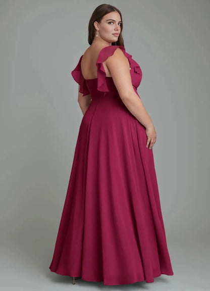 Roselle Dress plus size burgundy chiffon open back square back bridesmaid maxi dress back view